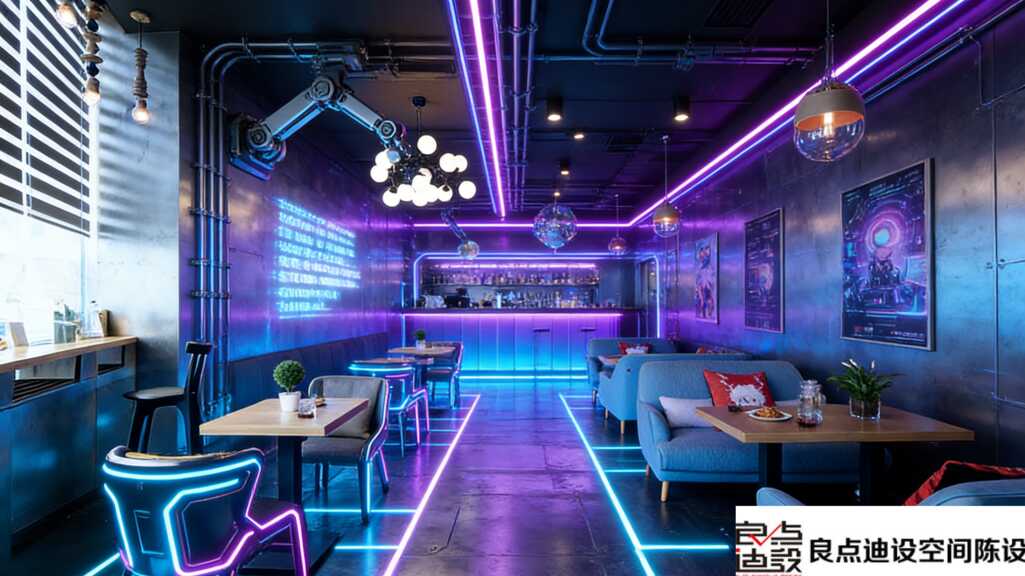 赛博风咖啡店装修软装设计直呼内行！这是把电影场景搬进现实？